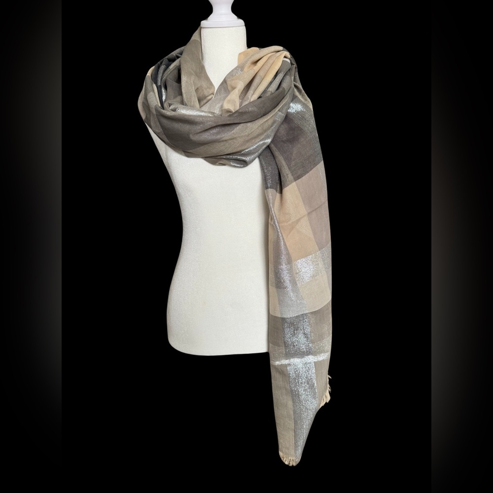 Luxury Grey/tan Scarf with Metallic Threads - Picture 1 of 15
